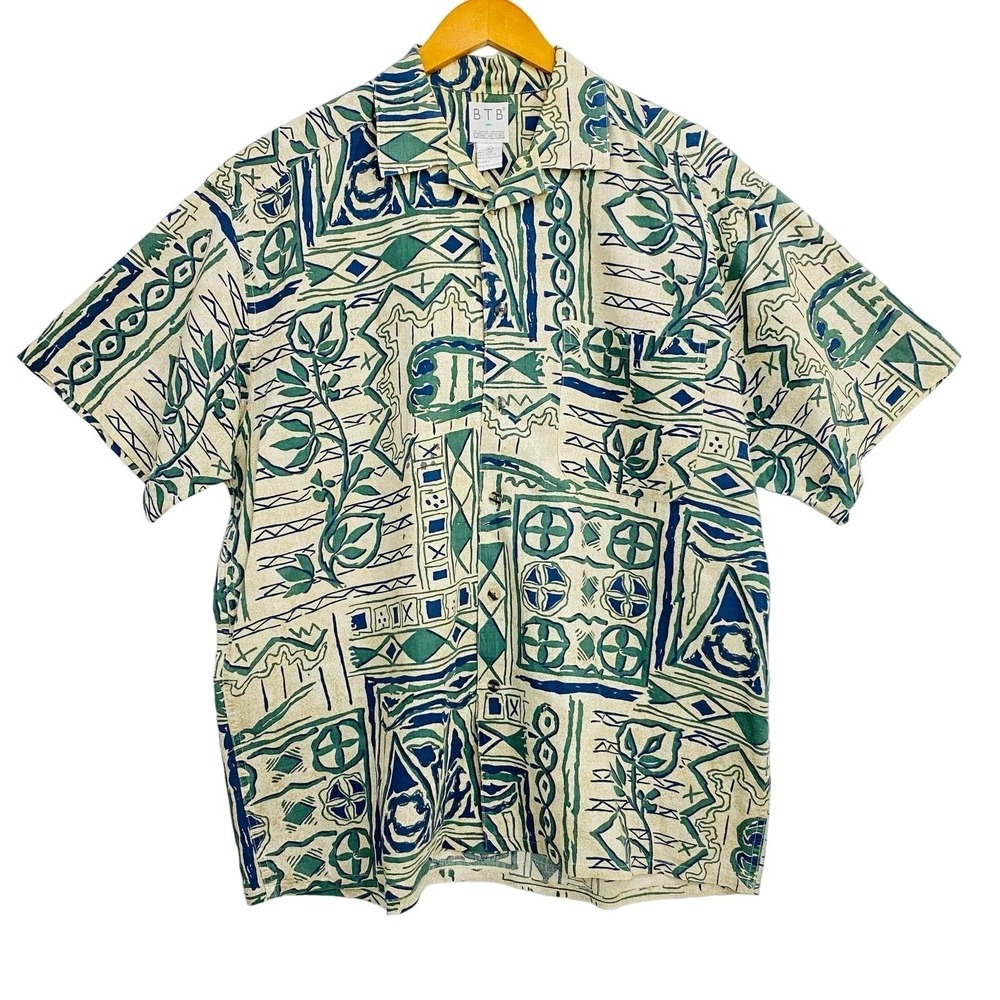 BTB Shirt Mens Large Green Blue Linen Cotton Hawaiian Camp Aloha Button Up Beach